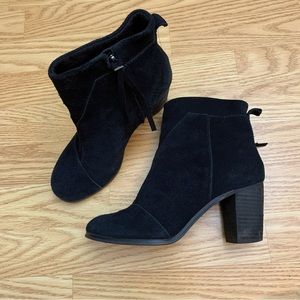 Toms Lunata booties heeled suede black stacked heels boots 6.5